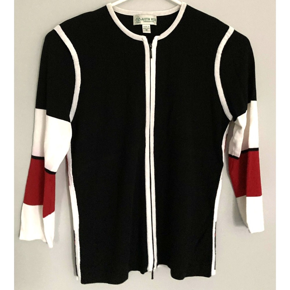 Vtg Austin Reed Sweater Women M Black Stripe Colorblock Full Zip 3/4 Sleeve Knit